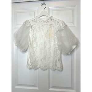Peach Lace Blouse XL White New Floral Puff Sleeve Romantic